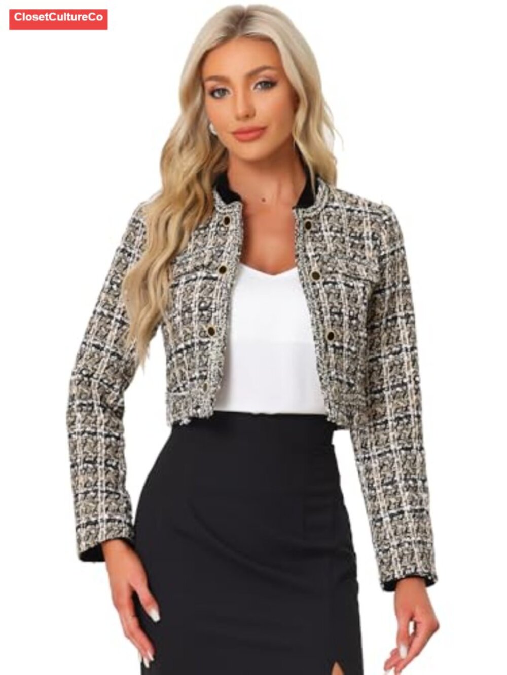 Plaid Tweed Cropped Open Front Blazer Long Sleeve Fully Lined